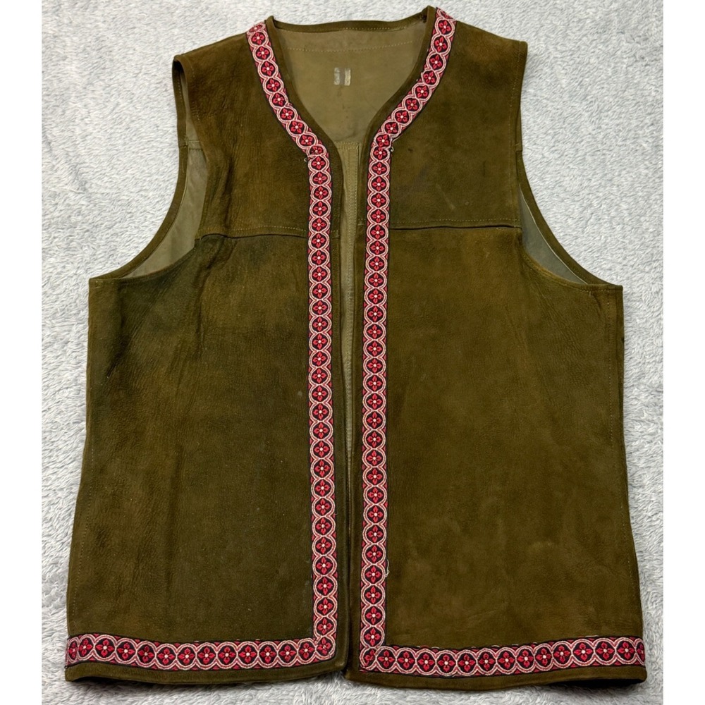 Vintage 70s Vest Womens S Leather Handmade Flower Child Floral Hippie Boho Tan